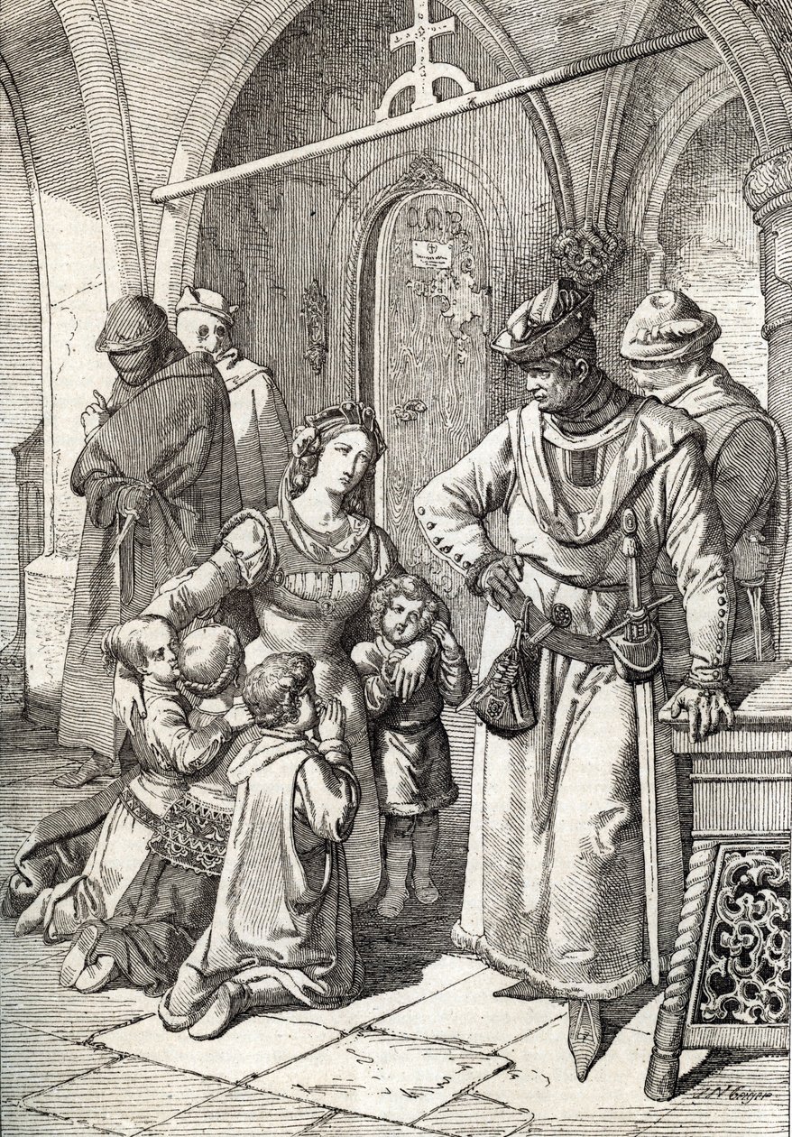 Portekiz Kralı I. Peter'in (Pedro I) ikinci karısı soylu Ines de Castro'nun (1320-1355) Santa Clara de Coimbra manastırında öldürülmesi, Portekiz 1355 (Portekiz Kralı I. Peter'in karısı Ines Castro'nun manastırda öldürülmesi Santa Clara in  by Peter Johann Nepomuck Geiger