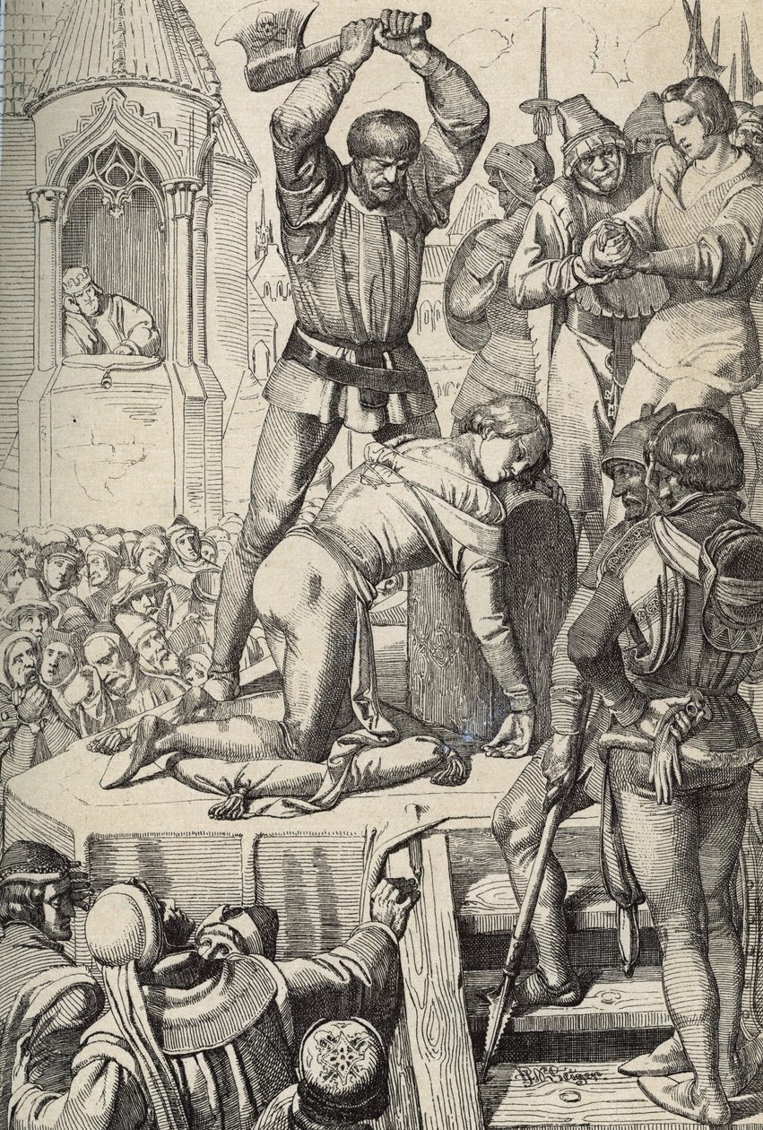 Conradin'in (veya Hohenstaufen'li Conrad) Sicilya Kralı ve Swabia Dükü'nün (1252-1268) 1268'deki Tagliacozzo savaşından sonra Charles of Anjou'nun emriyle infazı (Conradin'in (veya genç Conrad), son Staufer kralı takip eden Sicilya by Peter Johann Nepomuck Geiger
