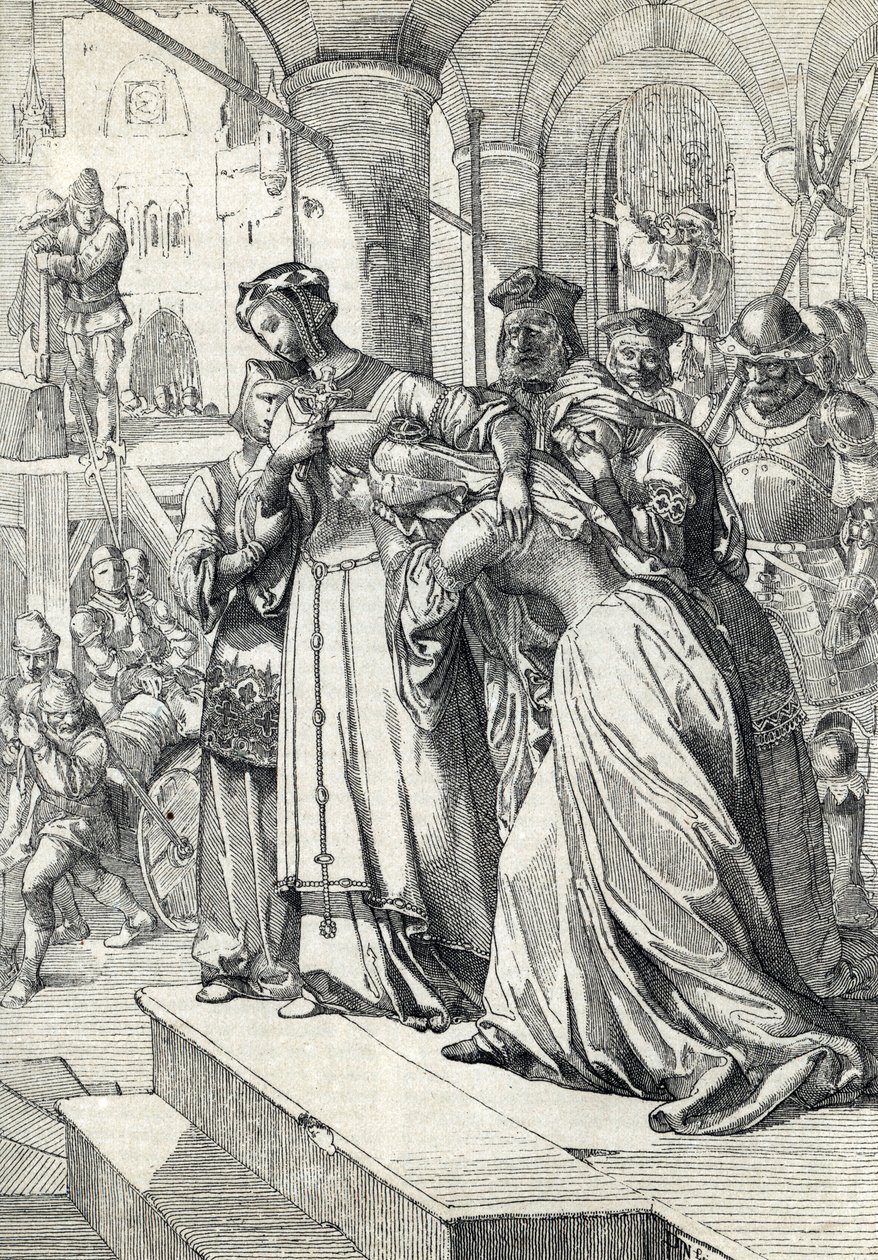 Leydi Jane Gray'in (Jeanne Grey) (1537-1554) infazı Jane Gray, 1554'te Londra Kulesi'nde idam edildi (Lady Jane Grey'in İnfazı) Anton Ziegler'in “Historische Memorabilian des In-und Auslandes” adlı eserinden tüy çizimi by Peter Johann Nepomuck Geiger