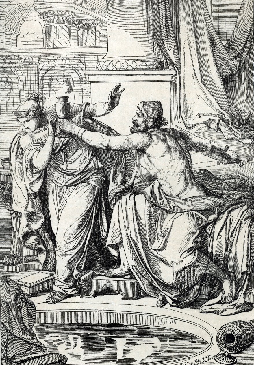 Gepid prenses Rosemonde (572'de öldü) ve kocası Kral Alboin'i öldüren sevgilisi, aynı bardak zehirle kendilerini zehirlediler, 572 (Gepid prensesi Rosamund (veya Rosamunde) ve sevgilisi aynı bardak zehirle kendilerini öldürdüler, 572) Çizim a by Peter Johann Nepomuck Geiger
