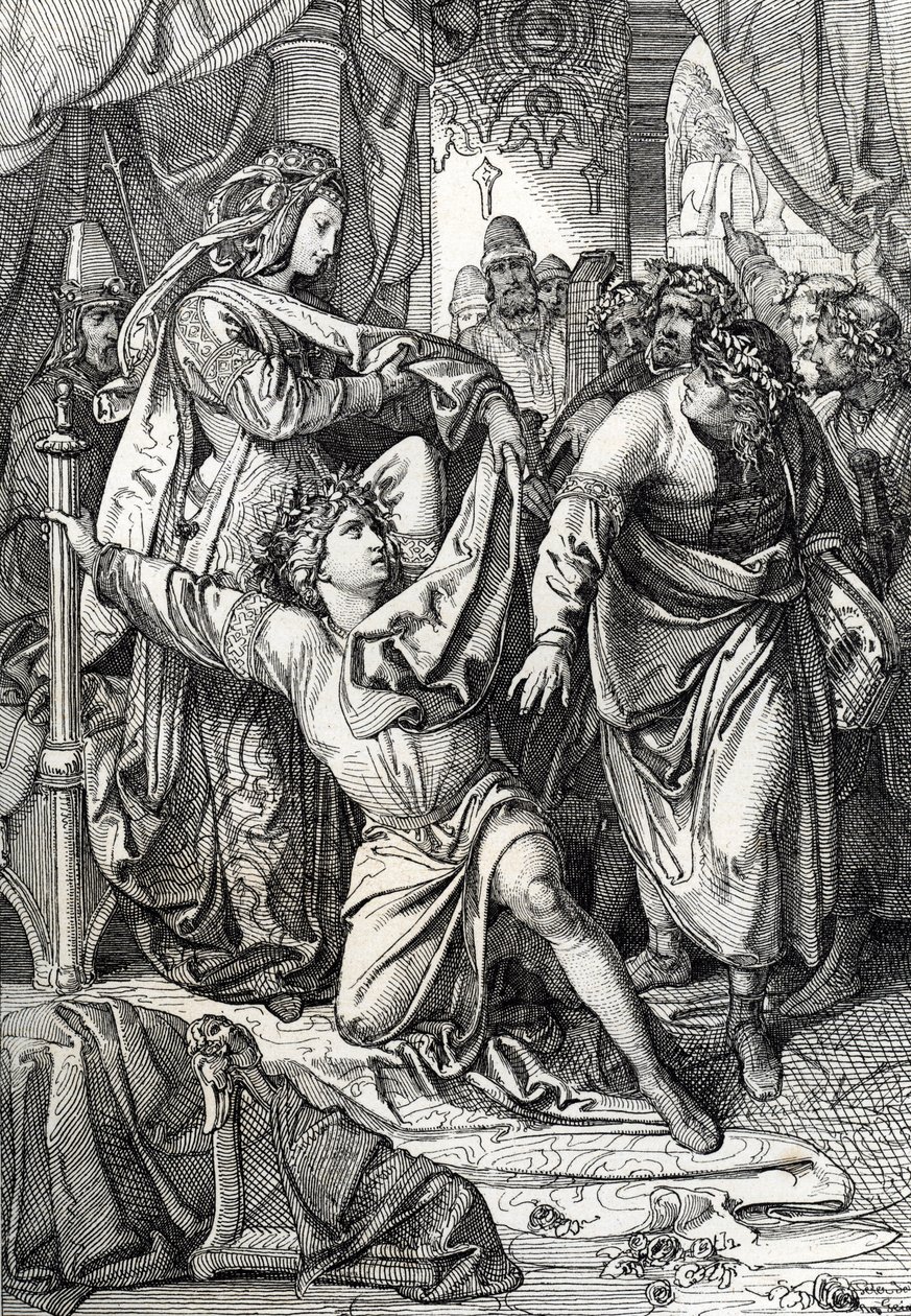 1207'de Almanya'daki Wartburg kalesinin şiirsel yarışması: Minnesanger'lar şiirsel oyunlarda yarışırlar, ozan Henri d'Ofterdingen, Kontes tarafından korunur (Heinrich von Ofterdingen, Sangerkrieg'e (Minstrels' c) katılan Minnesinger by Peter Johann Nepomuck Geiger