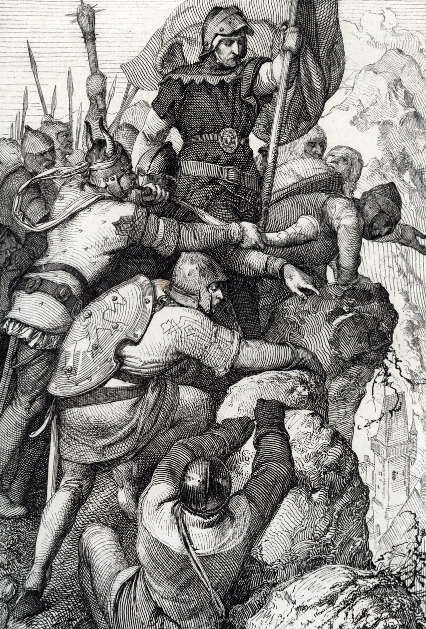 Baviere'li I. Othon'un (1117-1183) İtalya'da Verona yakınlarındaki birlikleri 1155 (Otto I, Bavyera Dükü ve ordusu Verona yakınlarında, İtalya 1155) “Historische Memorabilian des In-und Auslandes”ten tüy çizimi (Tarihi Hediyelik Eşyalar) kayded by Peter Johann Nepomuck Geiger