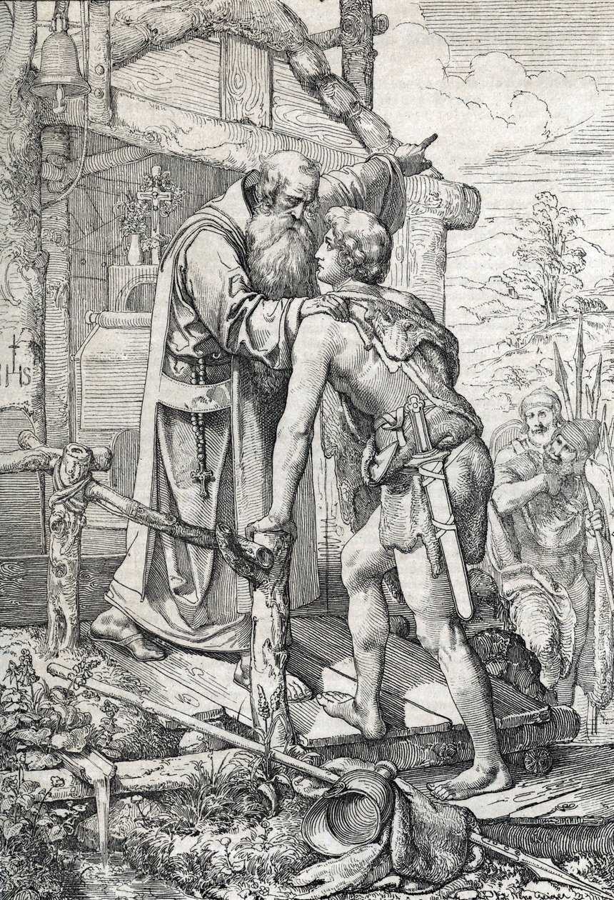 Severin'in kutsamasını alan genç Odoacre (yaklaşık 433-493), Apotre de Norique, yakl. 470 (Odoacer, kendisine bir gün ünlü olacağını öğrenen keşiş Noricum'lu Severinus ile tanışır, 470 ca) "" Historische Memorabilian des'ten çizilmiş  by Peter Johann Nepomuck Geiger