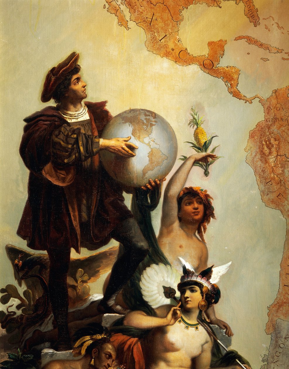 Kristof Kolomb (1451-1506), dünyanın Hükümdarı olarak Habsburglu V. Charles (1500-1558) üzerine Alegori'den detay, Peter Johann Nepomuk Geiger'in tablosu (1805-1880), Taht Odası, Miramare kalesi, Trieste, Friuli-Venezia Giulia, İtalya by Peter Johann Nepomuk Geiger