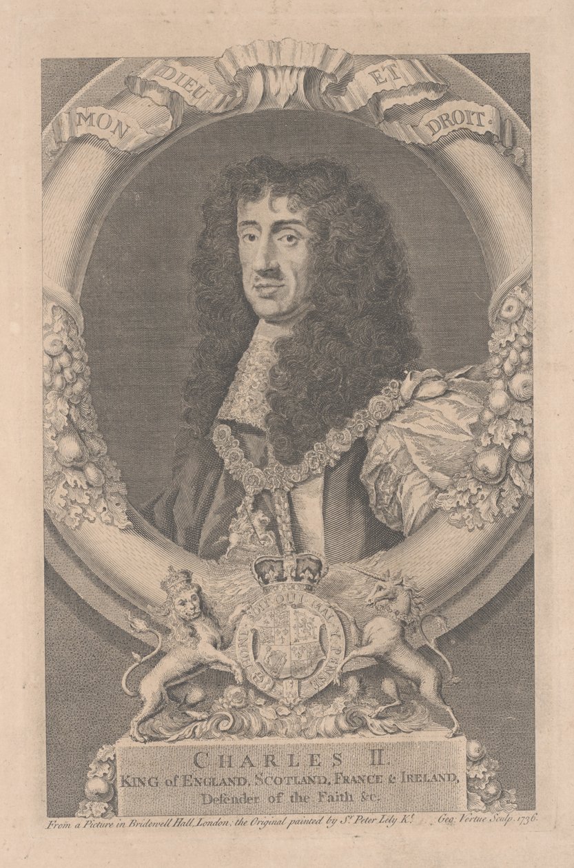 Charles II, İngiltere Kralı, İskoçya, Fransa ve İrlanda, George Vertue (1684-1756) tarafından oyulmuş by Peter Lely