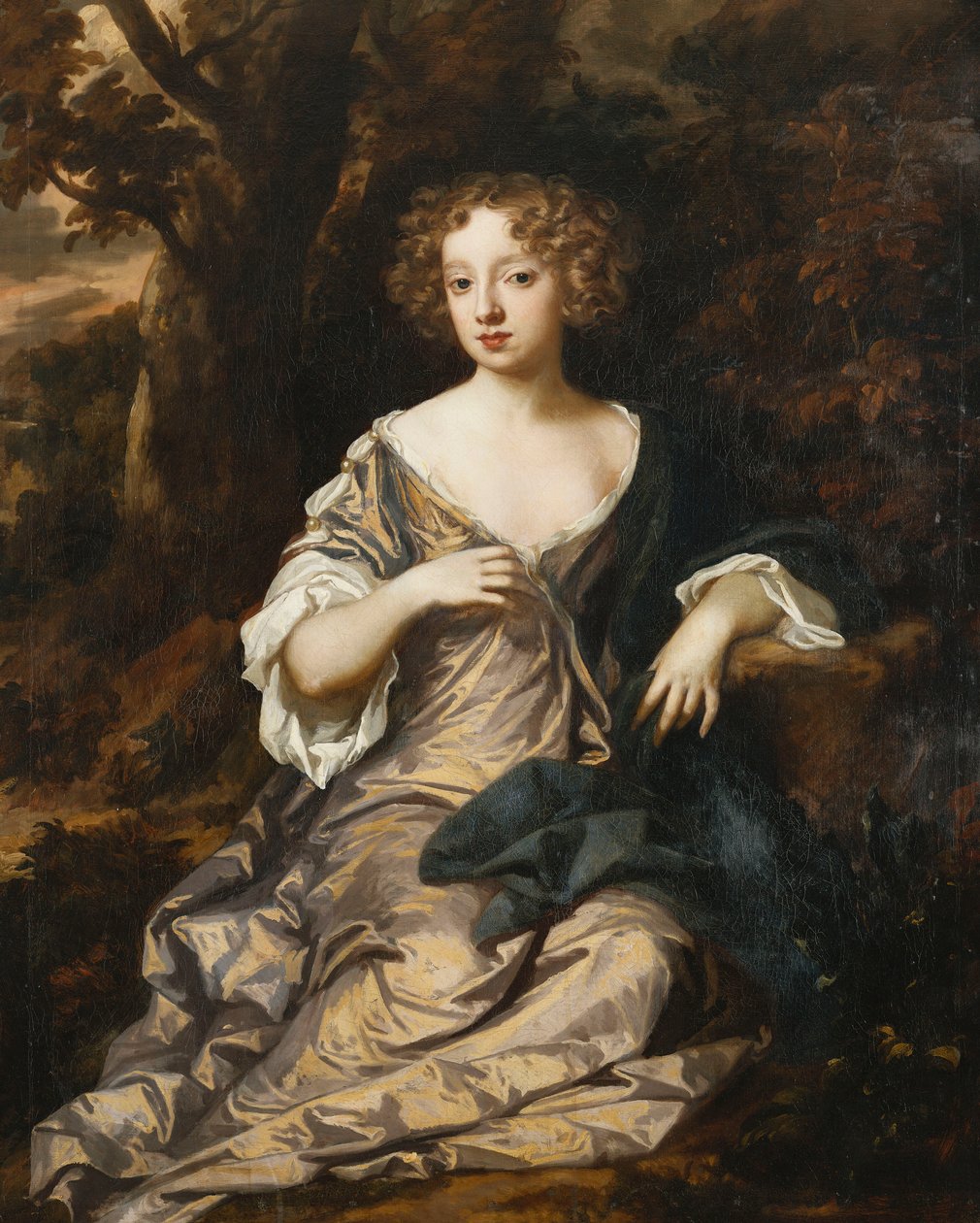 Beyaz Kollu ve Süslemeli Mor İpek Elbise Giymiş, Ormanlık Bir Peyzajda Boyu Boyu Oturmuş Bir Hanımın Portresi, by Peter Lely