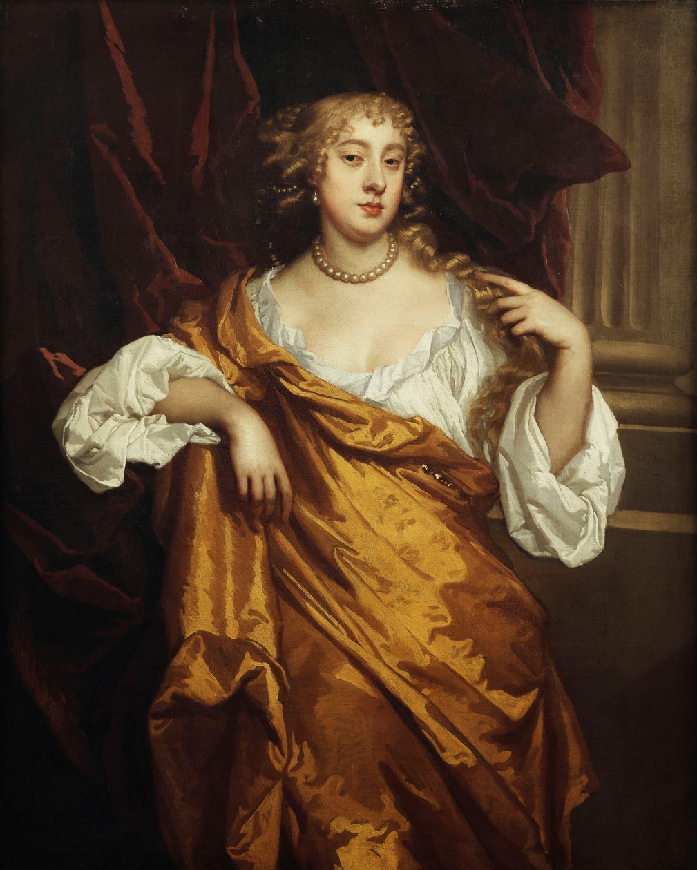 Hon portresi. Mary Wharton, Üç çeyrek boyunda, Beyaz Chemise ve Sarı Cüppe içinde, Bordo Draped Sütunun yanında, by Peter Lely