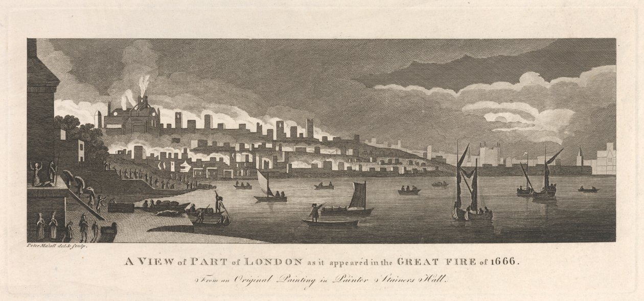 1666'daki Büyük Yangında göründüğü şekliyle Londra'nın Bir Kısmının Görünümü by Peter Mazell
