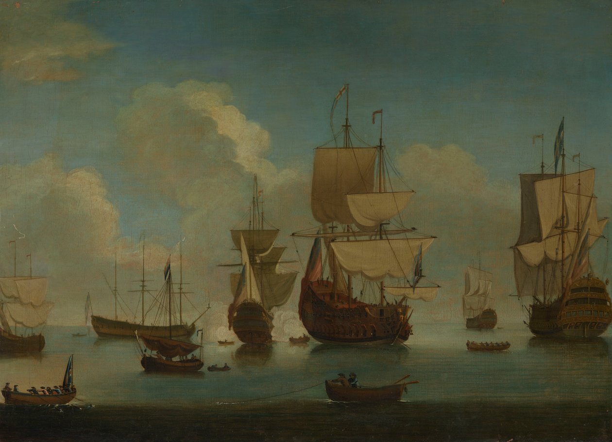 İngiliz savaş gemileri sakin bir havada demir atmış, yelkenlerini kurutuyor, 18. yüzyıl başı (tuval üzerine yağlıboya) by Peter Monamy