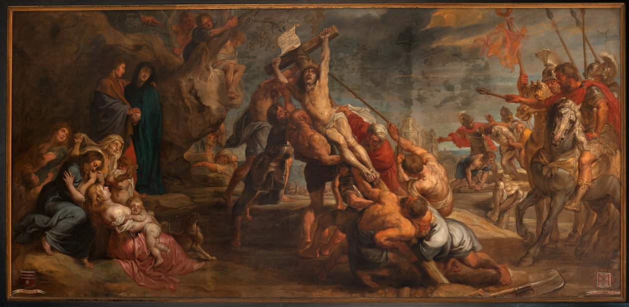 Christ L'érection de Jésus en croix'in çarmıhının dikilmesi). Philibert Delmotte. 18. yüzyıl. Rozet alt sol MAGNIFICÈ. Arma sağ altta M. HANNEKAERT. Barok. by Peter Paul (after) Rubens