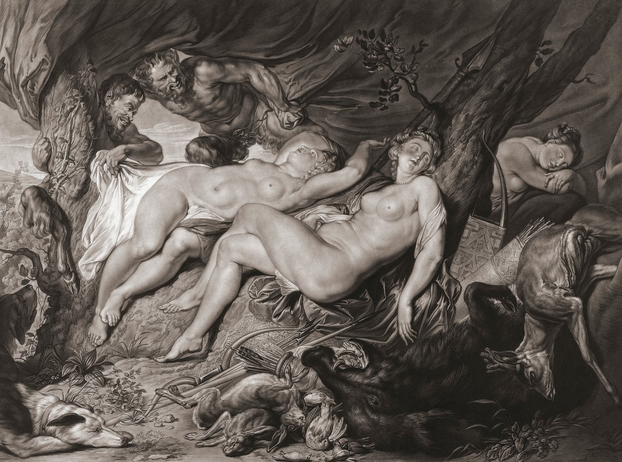 Uyuyan Diana ve perileri satirler tarafından gözetleniyor. (Yazdır) by Peter Paul (after) Rubens