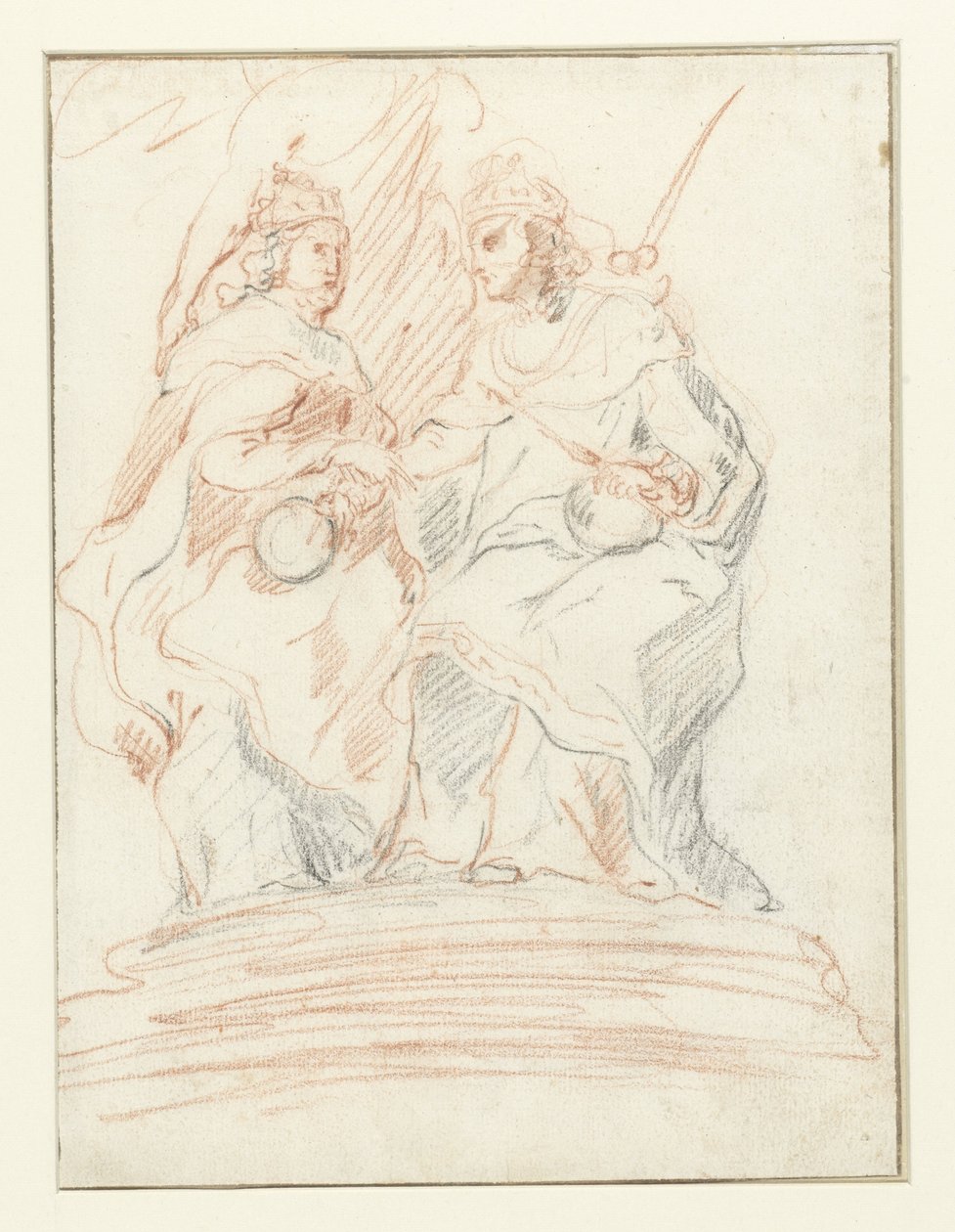 Kral ve kraliçe bir tahtta, arkalarında Fama Christ ve Mary duruyor by Peter Paul Rubens (possibly)
