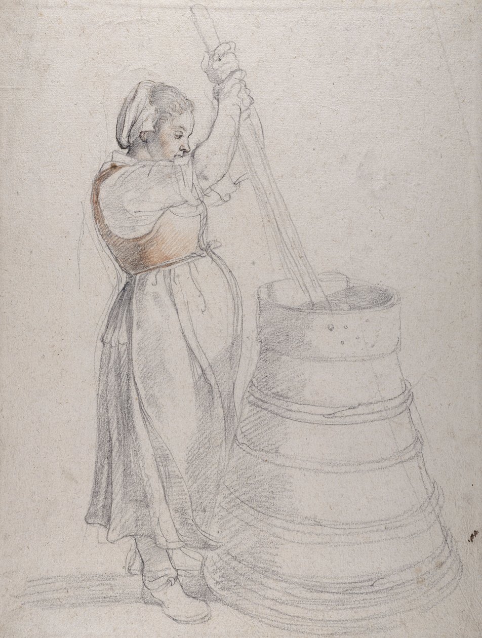 Tereyağı çalkalayan Köylü Kızı (beyaz kağıt üzerine kalemle siyah ve kırmızı tebeşir) by Peter Paul Rubens