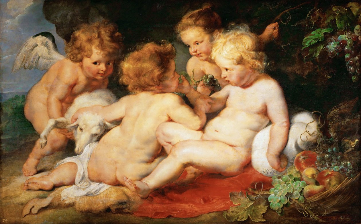 İsa ve Vaftizci Yahya iki melekli Çocuklar olarak - Pieter Paul Rubens (1577-1640). Ahşap üzerine yağlı boya, c. 1615-1620. Ebat : 76,5x122,3 cm. Sanat Tarihi Müzesi, Viyana by Peter Paul Rubens