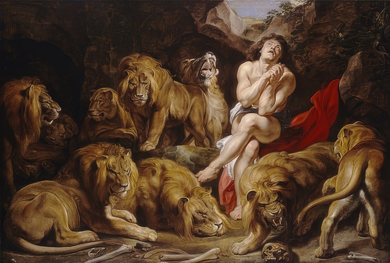 Daniel aslanların ininde. 1614/16 civarında by Peter Paul Rubens