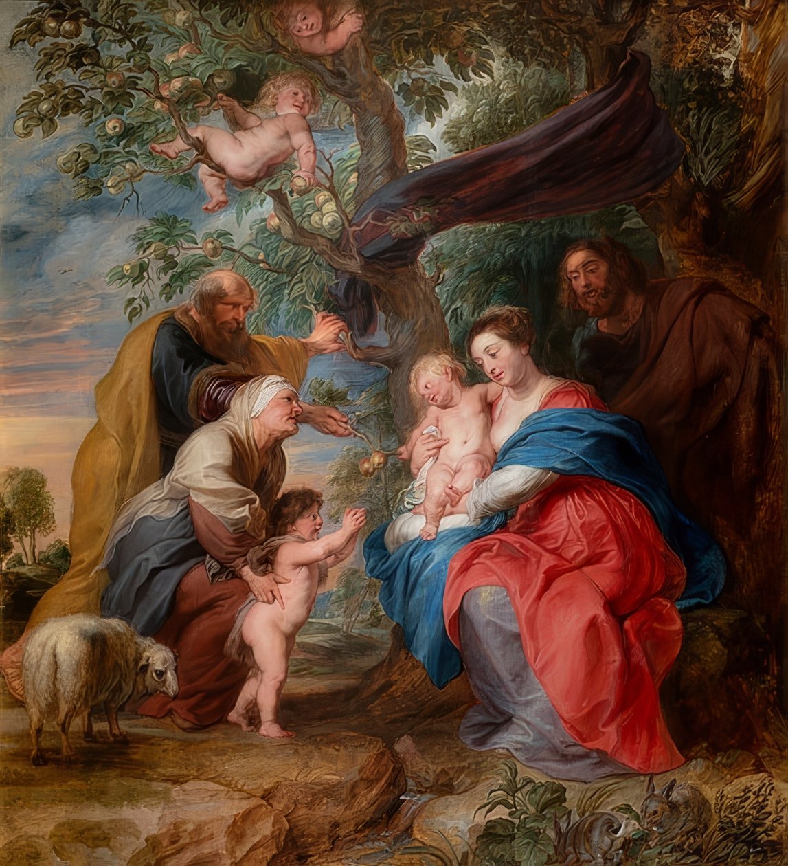 Bir elma ağacının altındaki kutsal aile. 1632 civarında by Peter Paul Rubens