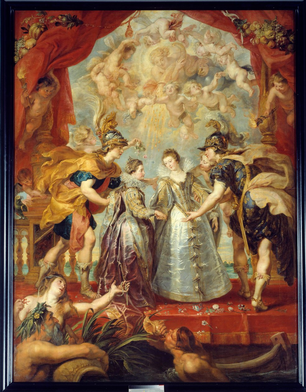Fransa ve İspanya'nın iki prensesinin Hendaye'deki Bidassoa nehrinde değişimi, 11/9/1615 Avusturyalı Anne ve Louis XIII arasındaki, bir yanda Fransa'nın Isabella (1602-1644) ve IV. Philip arasındaki evliliğin alegorik temsili öte yandan by Peter Paul Rubens