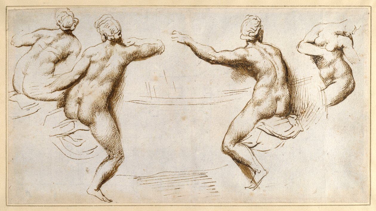 Bir leğenin etrafında dört kadın çıplak (kağıt üzerinde kalem ve mürekkep) by Peter Paul Rubens
