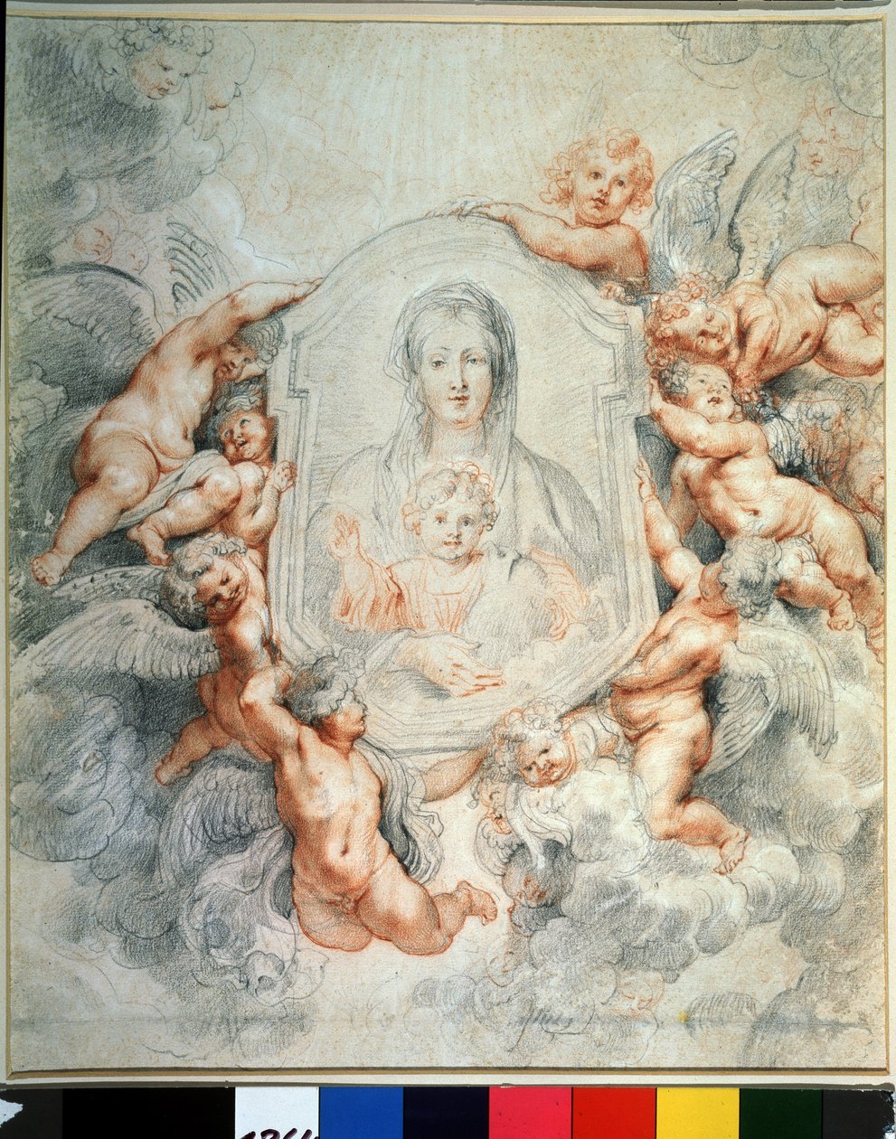 Melekler Tarafından Tapılan Bakire ve Çocuk (Melekler tarafından tapılan Madonna, Madonna della vallicella). Resimde resim yapmak. Peter Paul (Pierre-Paul) Rubens (veya Peter Paul veya Petrus Paulus) (1577-1640) tarafından çizim. Kağıt üzerine tebeşir ve k by Peter Paul Rubens