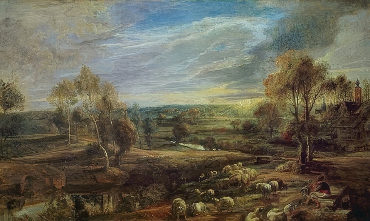 Bir çoban ve sürüsü ile manzara. 1638 civarında by Peter Paul Rubens