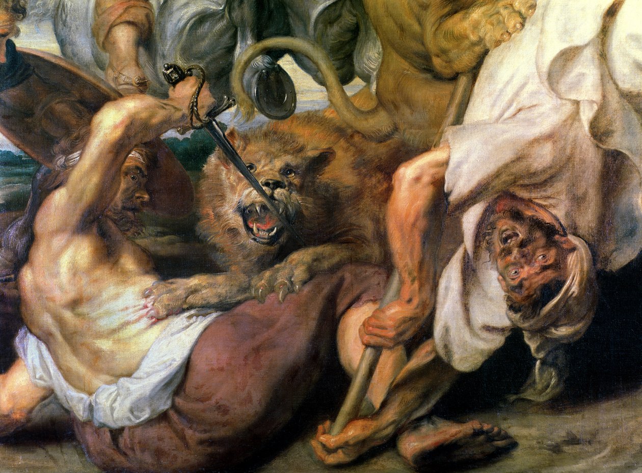 Aslan Avı, iki adam ve bir aslan detayı, 1621 by Peter Paul Rubens