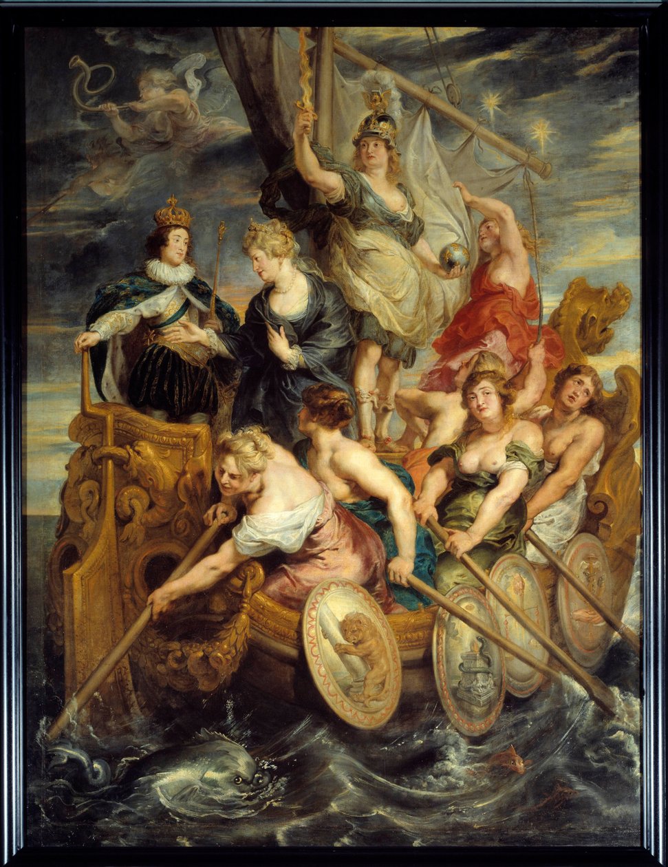 Çoğunluk Louis XIII (1601-1643), 20/10/1614 tarihinde, Kuvvet, Din ve Adalet rehberliğinde, dalgalı bir denizde kürekçiler arasında ilerleyen bir gemiyi temsil eden kralın iktidara gelişinin alegorisi. Louis XIII