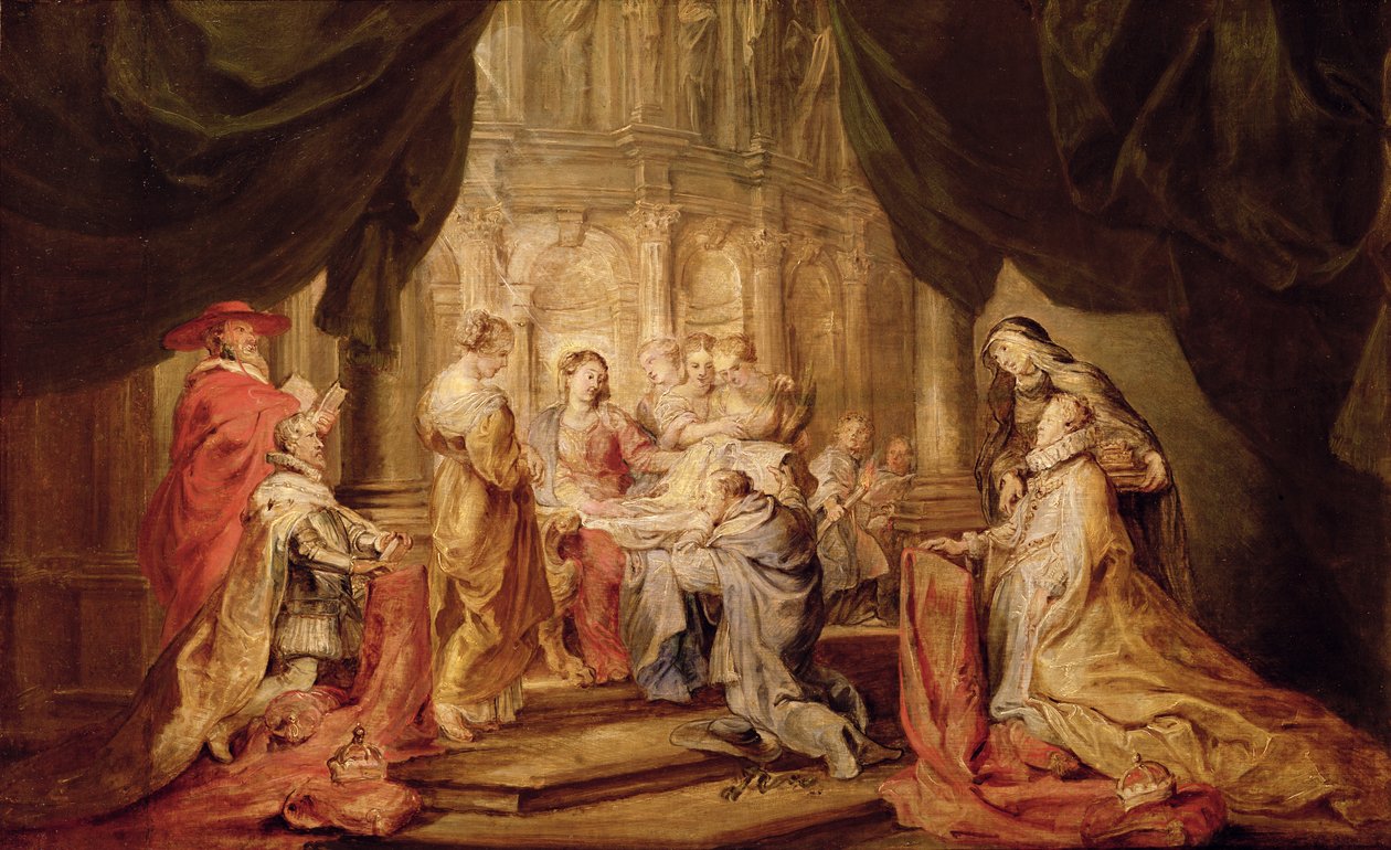 Mary, Solda Arch Duke Albrecht VII ve Patronu Lowen Saint Albert ile birlikte Toledo Başpiskoposu Ildefonso