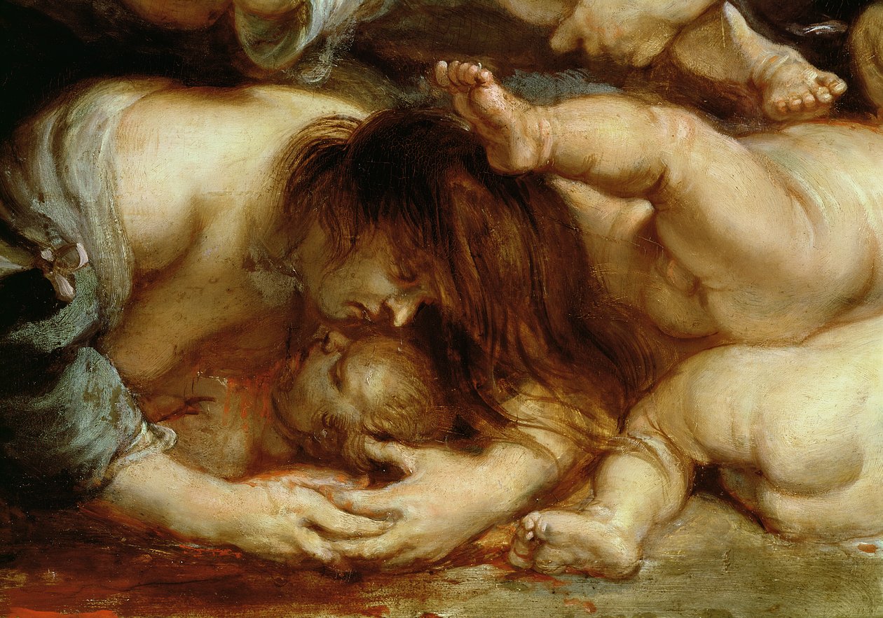 Masumların Katliamı, bir anne ve çocuğun detayı (panelde yağlı boya) by Peter Paul Rubens