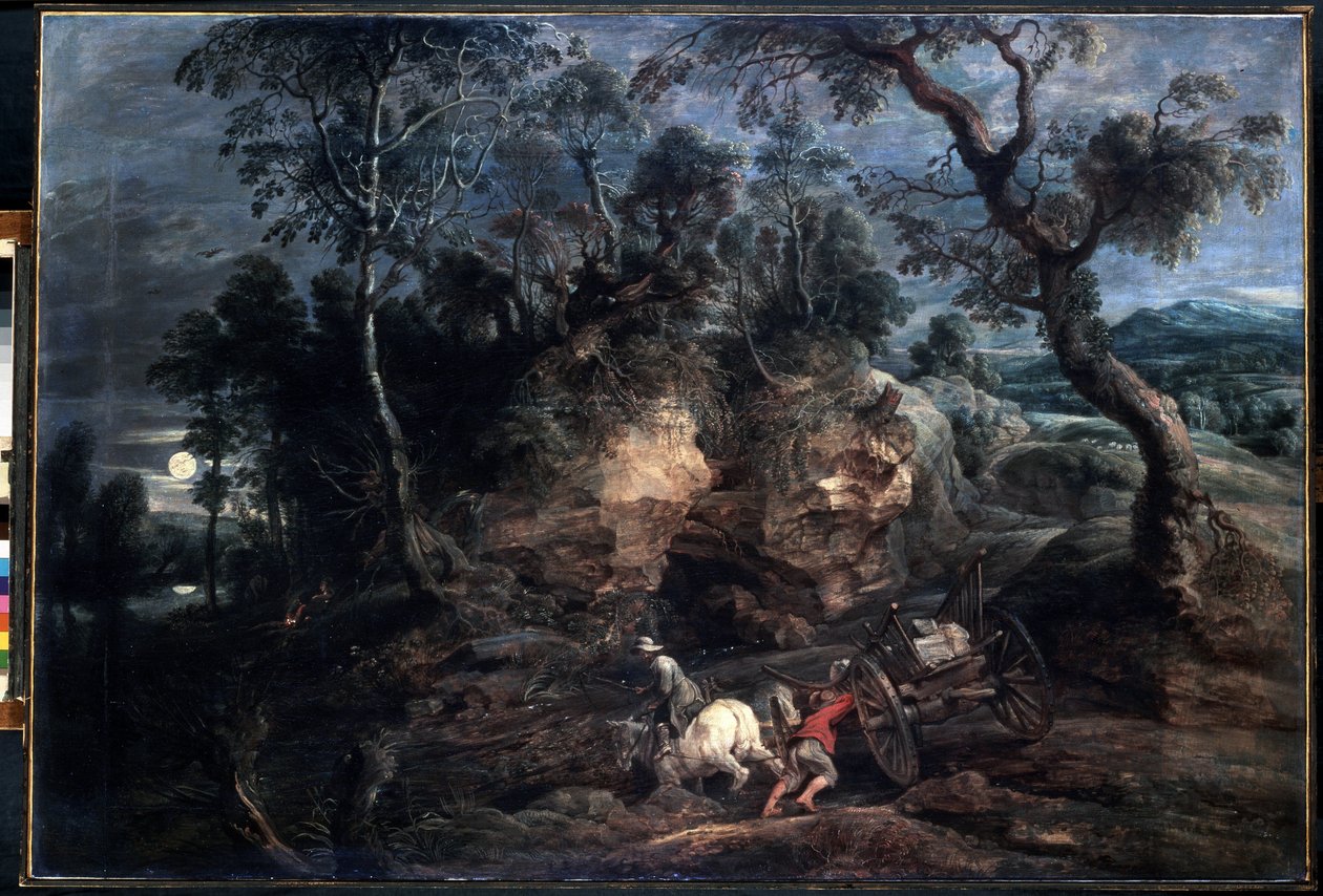 Taş taşıyıcılarla manzara. Peter Paul (Pierre-Paul) Rubens (veya Peter Paul veya Petrus Paulus) (1577-1640) tarafından yapılan resim. Tuval üzerine yağlı boya, 86 x 126,5 cm, yaklaşık 1620. Flaman sanatı, Barok sanatı. Ermitaj Müzesi, St. by Peter Paul Rubens