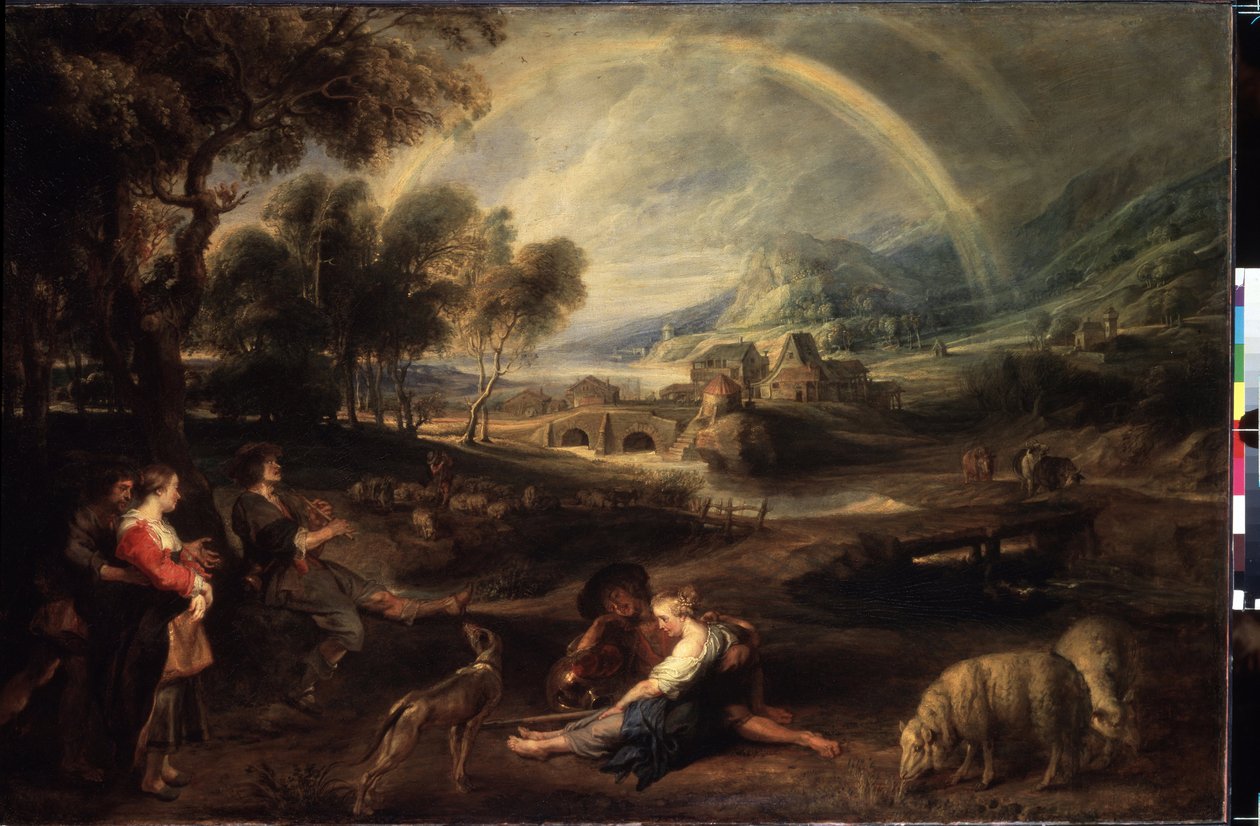Gökkuşağı ile manzara. Peter Paul (Pierre-Paul) Rubens (veya Peter Paul veya Petrus Paulus) (1577-1640) tarafından yapılan resim. Tuval üzerine yağlı boya, 86 x 130 cm, 1630 başı. Flaman sanatı, Barok sanatı. Ermitaj Müzesi, Saint Petersburg. by Peter Paul Rubens
