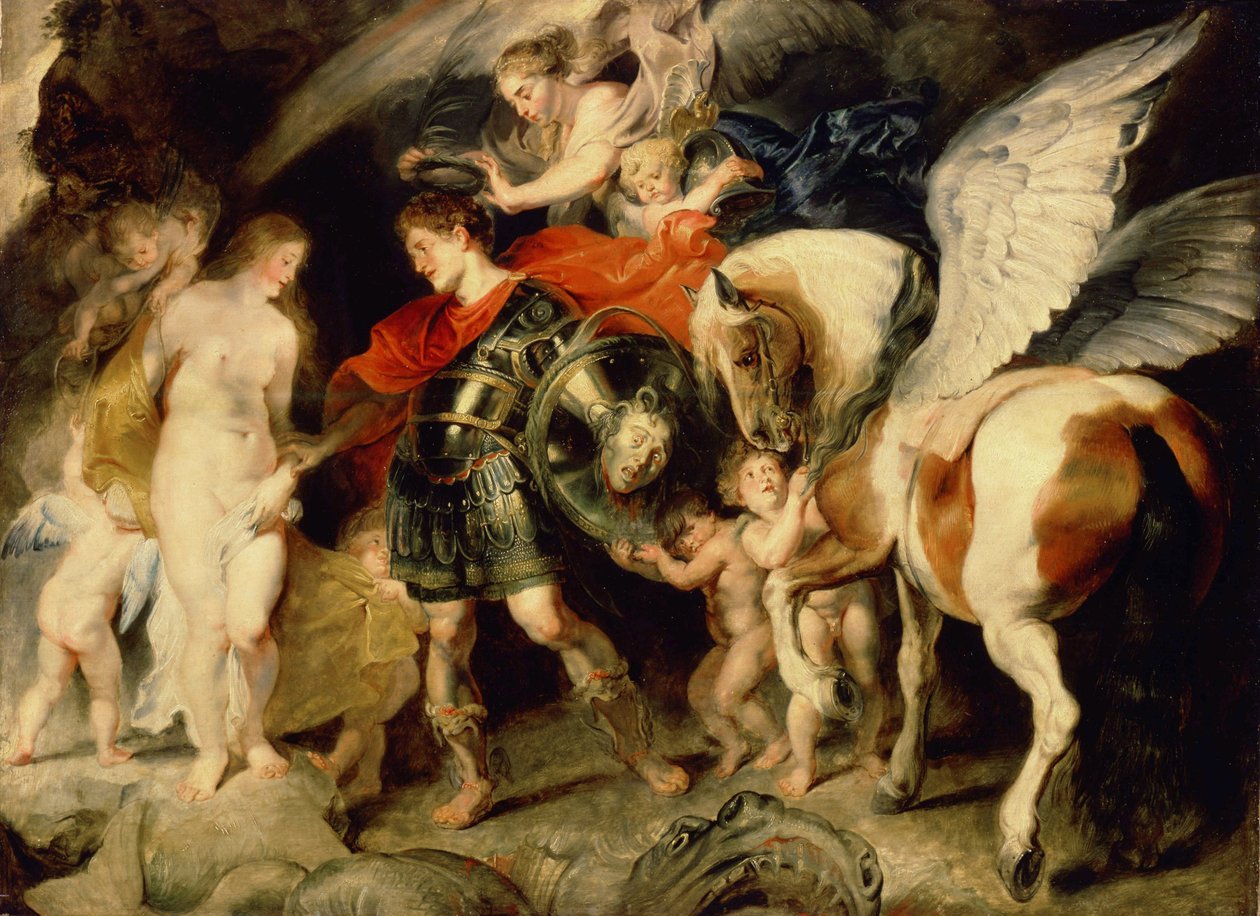 ""Perseus ve Andromeda"" (Perseus ve Andromeda) Andromeda bir kayaya zincirlenmiş olarak Persee tarafından Pagasus eşliğinde teslim edilir. Kalkanında öldürdüğü Medusa
