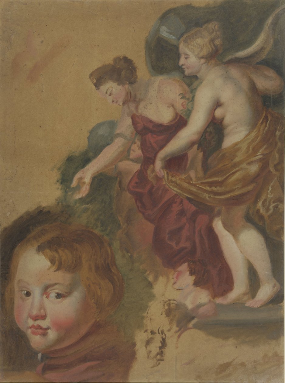 Maria dei Medici'nin mutlu saltanatı, bir çocuk kafası ve iki erkek kafası ile çalışma sayfası. by Peter Paul Rubens
