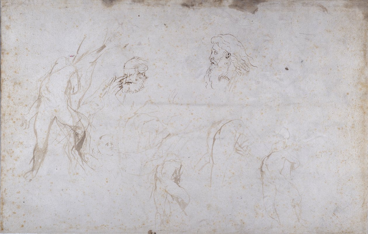 Ağaca Bağlanmış Bir Erkek Figürü ve İki Erkek Başı Çalışmaları, c.1601 (kağıt üzerine kalem ve mürekkep) by Peter Paul Rubens