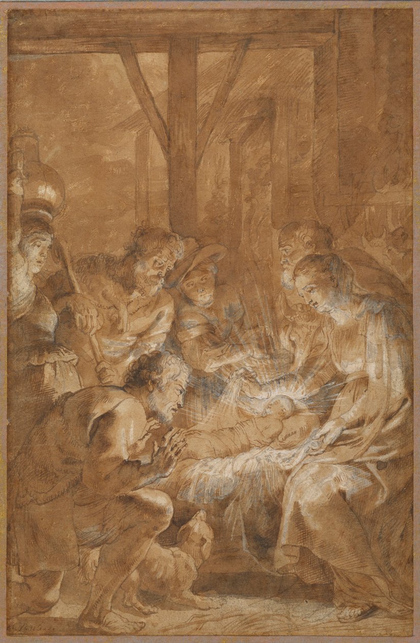 Çobanların Hayranlığı, c.1613-4 (kahverengi astarlı ve beyaz guajlı tükenmez kalem ve kahverengi mürekkep) by Peter Paul Rubens