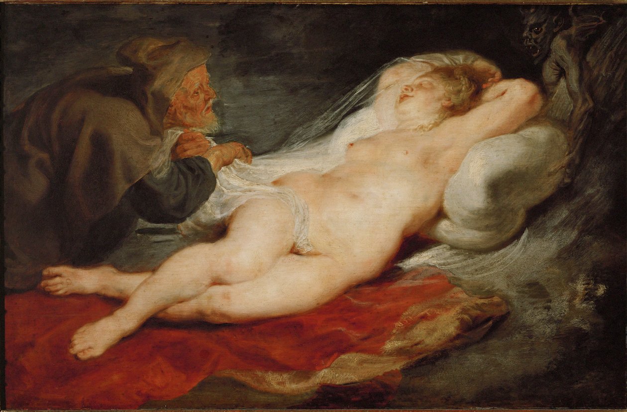 Ermiş ve Uyuyan Angelica, c.1626-28 (meşe ağacı üzerine yağlıboya) by Peter Paul Rubens