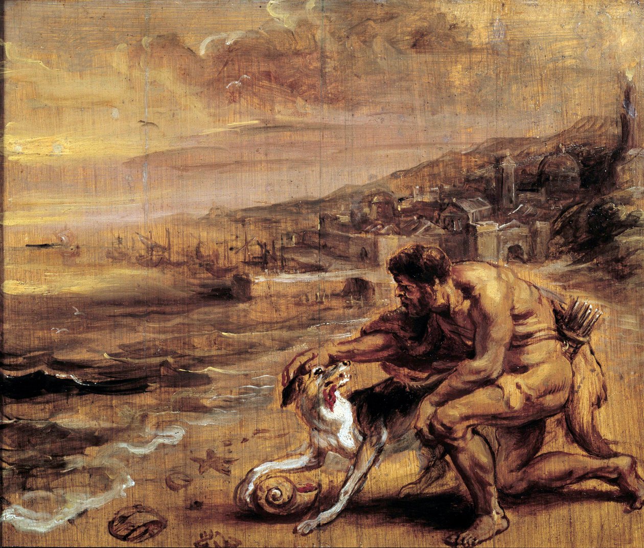 Morun keşfi Bir Fenikeli, köpeği sayesinde kırmızı tentür üreten bir kabuk (Murex) bulur. Pierre Paul (Pierre-Paul) Rubens (veya Peter Paul veya Petrus Paulus) (1577-1640) 17. yüzyıl Güneşi tarafından yapılan boyamayı yıkayın. 0,28x0,34 m Bayonne, Musee Bo by Peter Paul Rubens