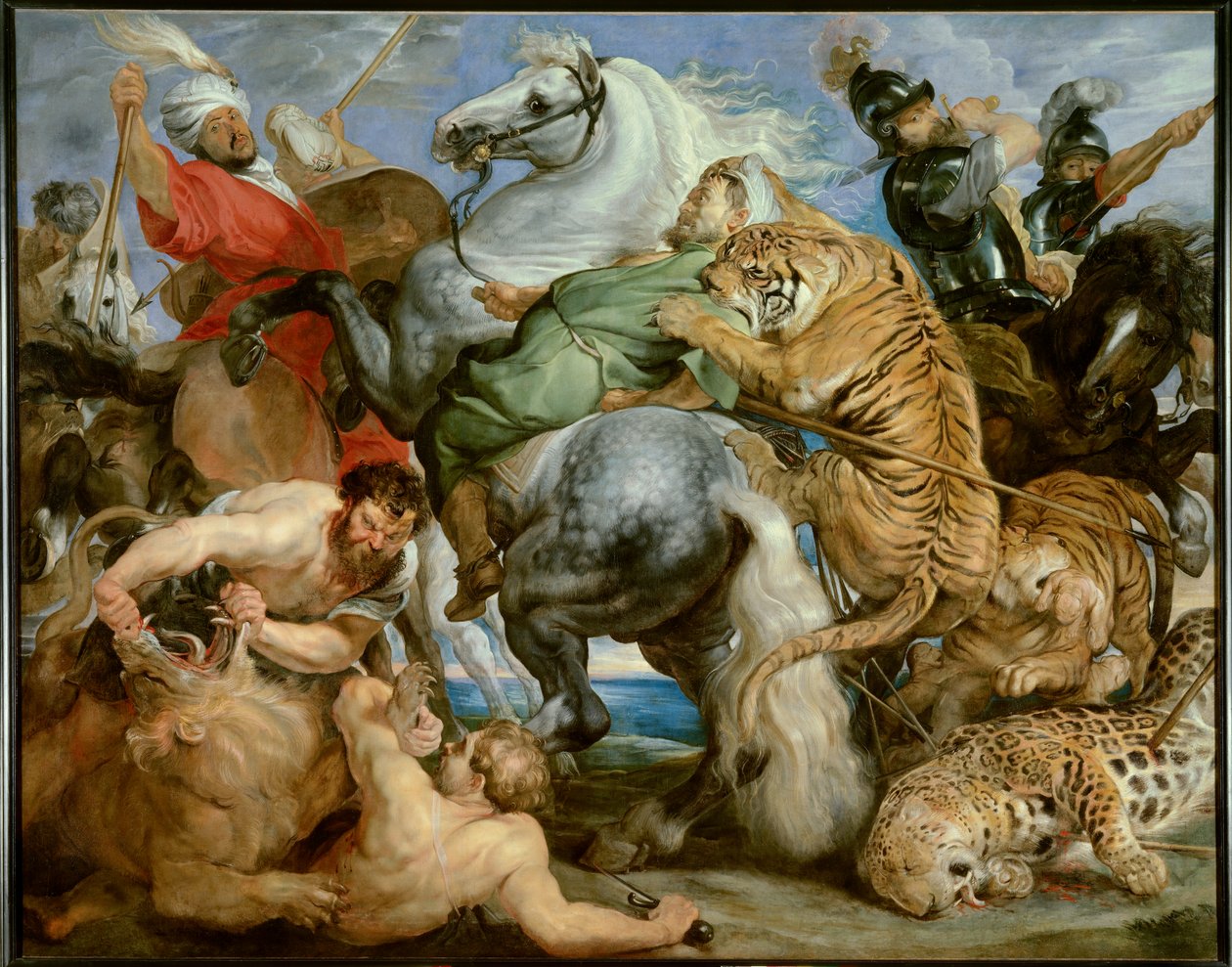 Kaplan avı. Peter Paul (Peter Paul) Rubens (veya Peter Paul veya Petrus Paulus) (1577-1640)) tarafından yapılan boyama Ec. Alev, c. 1616. Tuval üzerine yağlı boya. Güneş: 2,56 X 3,24m. Rennes, Güzel Sanatlar Müzesi — Kaplan Avı. Peter Paul Rubens (veya Pet by Peter Paul Rubens