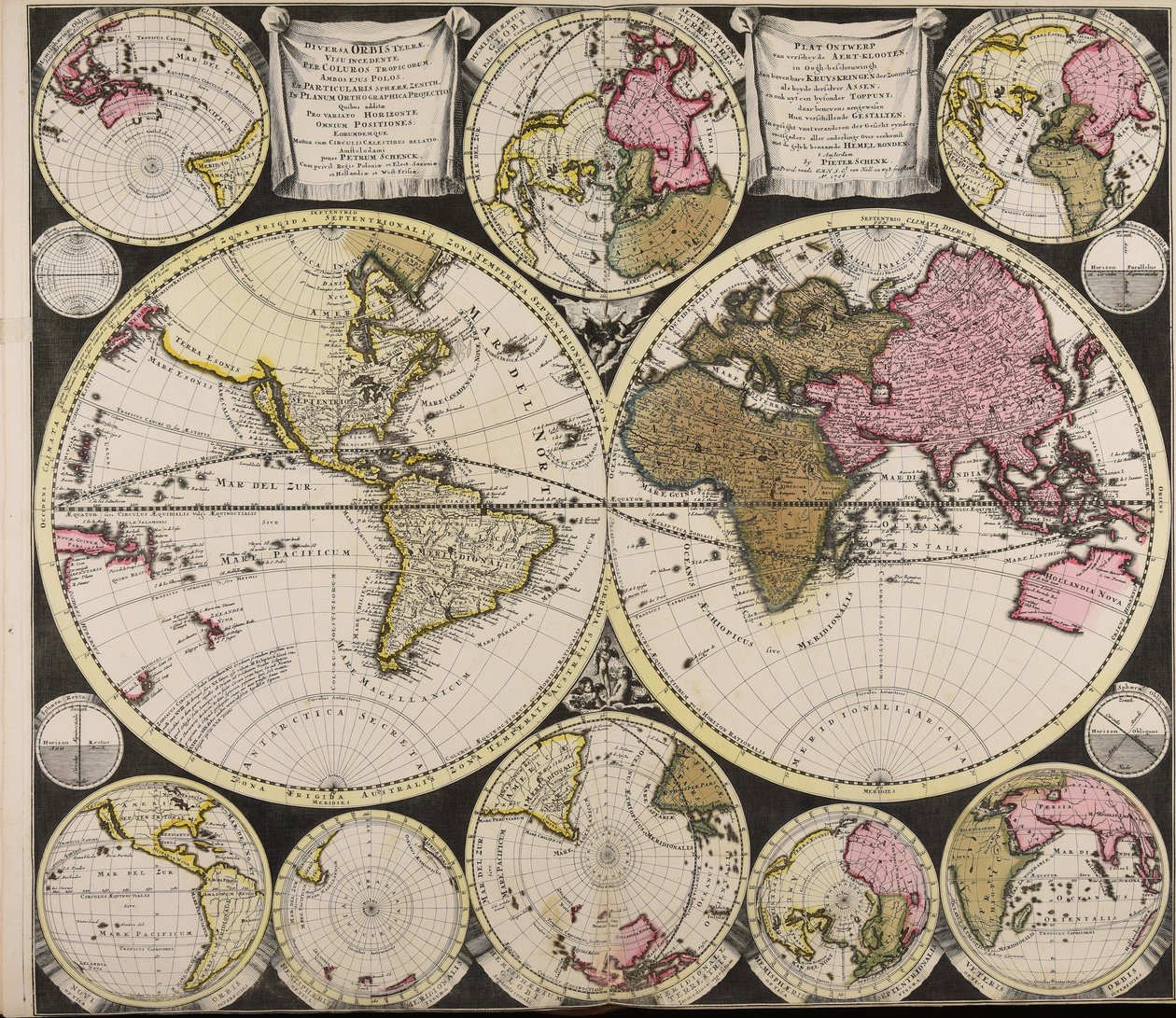 Diversa orbis Terrae visu incedente per coluros Tropicorum ambos ejus polos et particularis sphaerae zenith in planum orthographica projectio quibus additae pro variato horizonte omnium positiones eorumdemque mutua cum circulis caelestibus relatio = Plat O by Peter Schenk the Elder