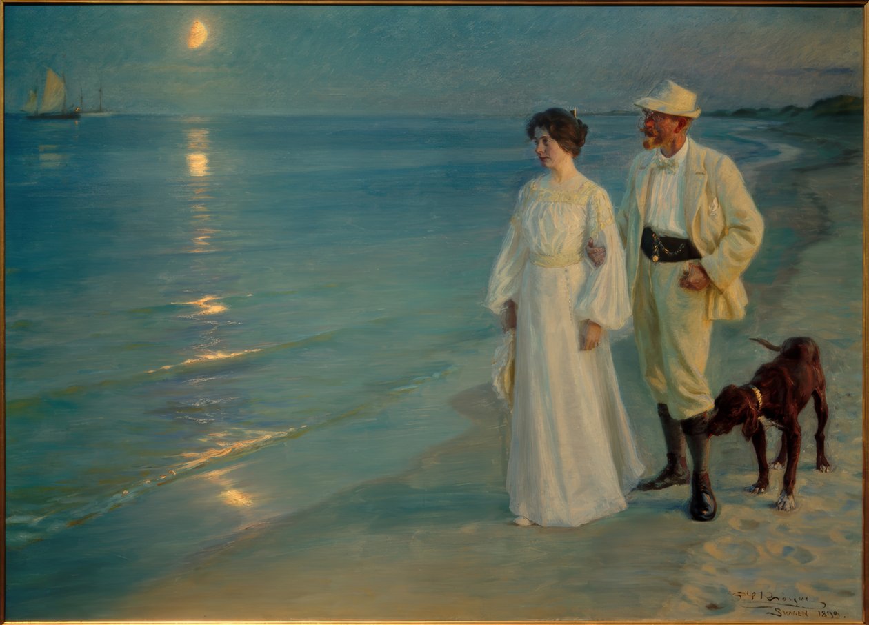 Skagen sahilinde yaz akşamı. Sanatçı ve eşi by Peder Severin Krøyer