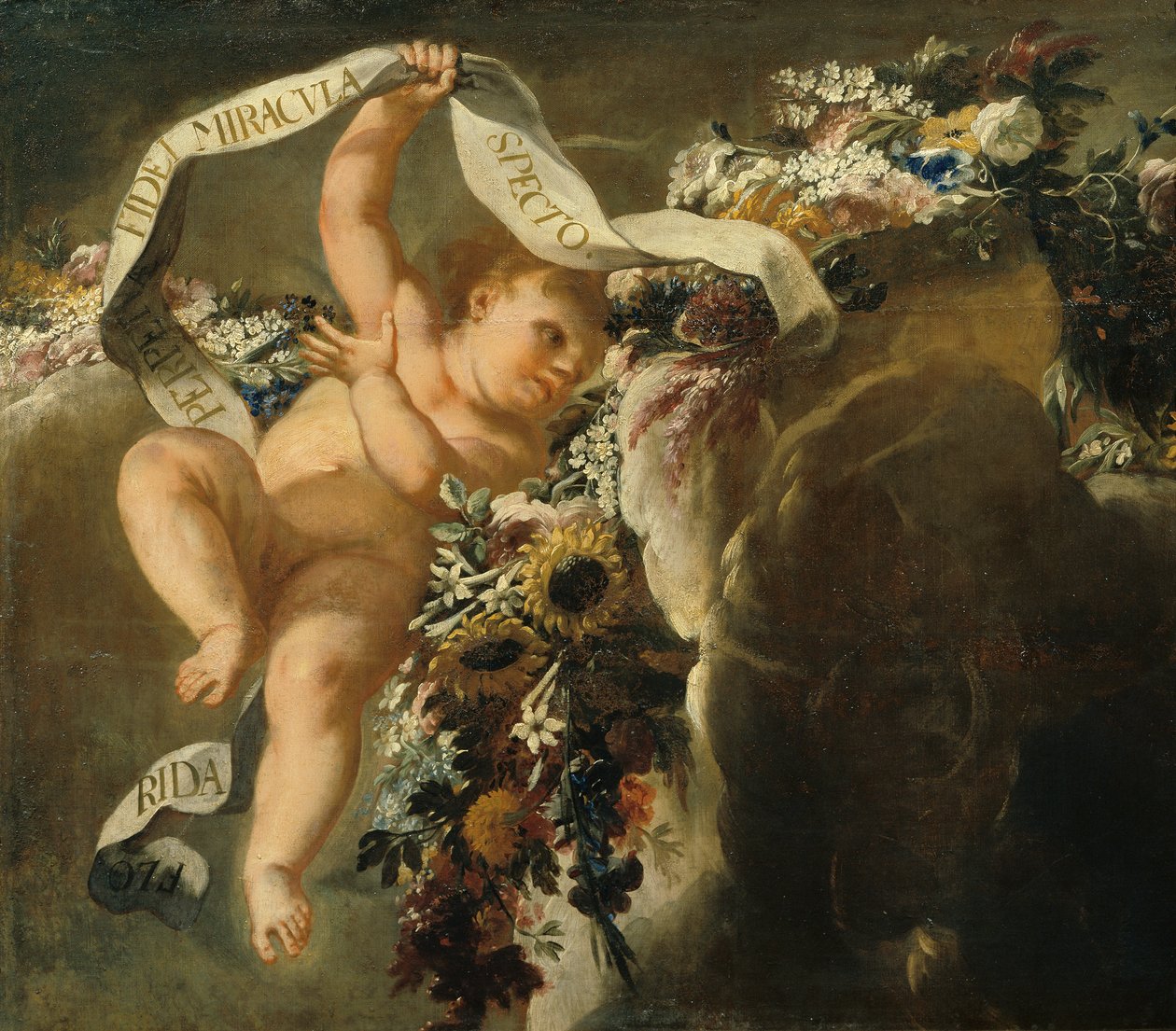 Çiçek iplik ve afiş ile putto by Peter Strudel