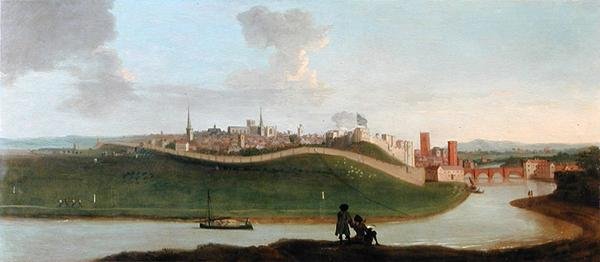 Ön Planda Nehir Kenarında İki Figürlü Chester Görünümü (tuval üzerine yağlı boya) by Peter Tillemans