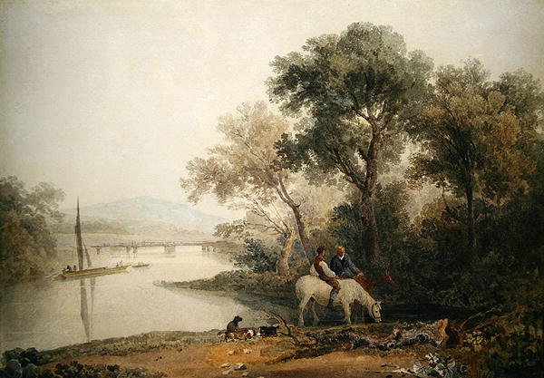 Bir Nehrin Kıyısında Atlarını Sulayan Rustikler, ötesinde bir Kule (kağıt üzerine suluboya) by Peter de Wint