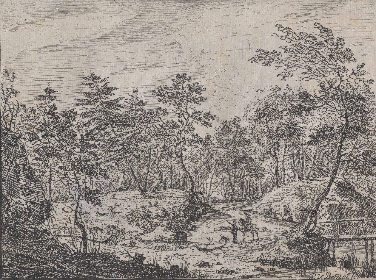 Ortada bir adamla konuşan bir binici ile orman manzarası, sağda bir yaya köprüsü, 1716. by Peter von Bemmel