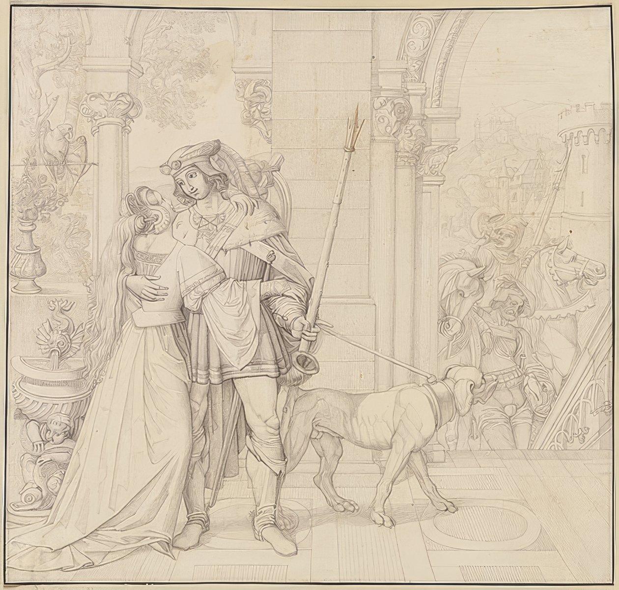 Nibelunglar üzerinde yedi çizim: 4. Siegfried av için hazırlandı. 1812-17 by Peter von Cornelius