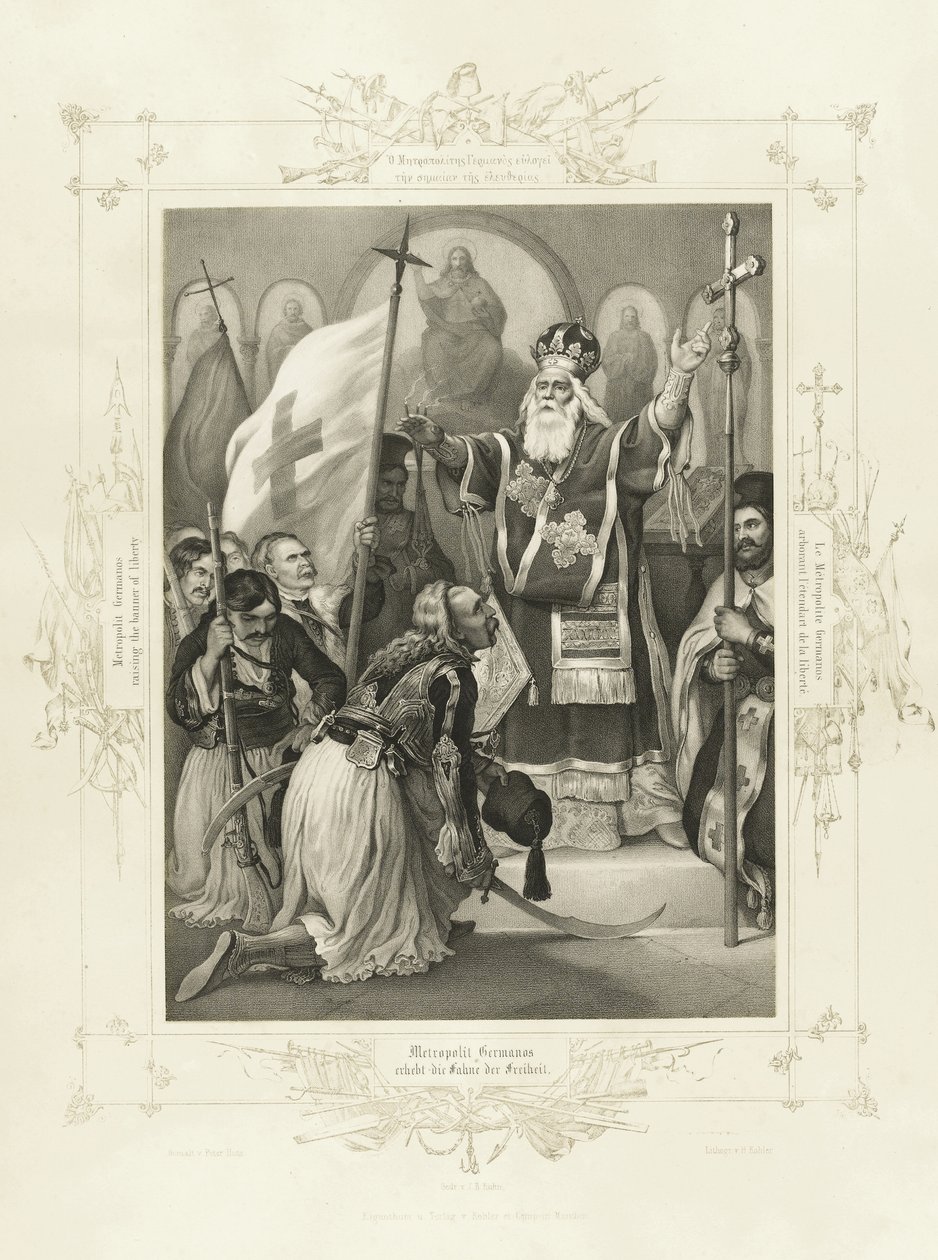 Yunan Kahramanlığı Albümünden özgürlük bayrağını kaldıran Metropolitan Germanos by Peter von Hess