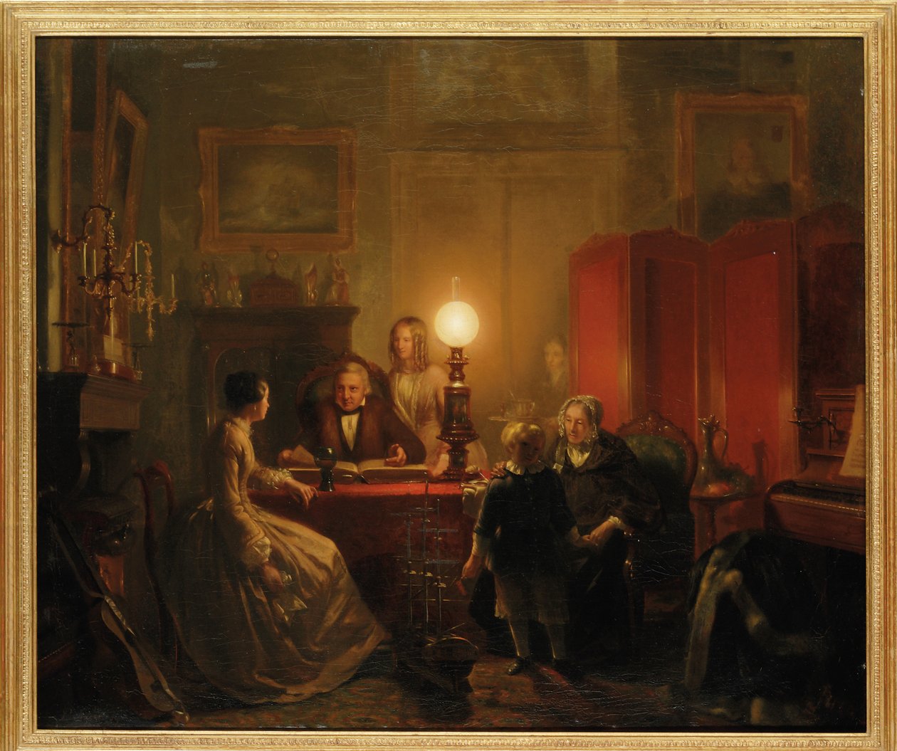 Lambayla aydınlatılmış bir masanın etrafında toplanan bir aile, 1854 by Petrus Kiers