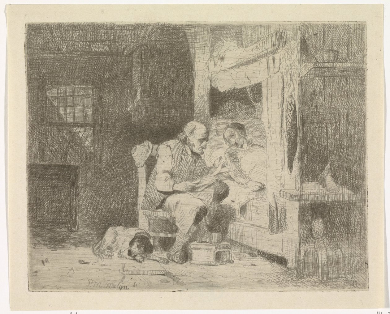 Yaşlı adam karısına kitap okuyor by Petrus Marius Molijn