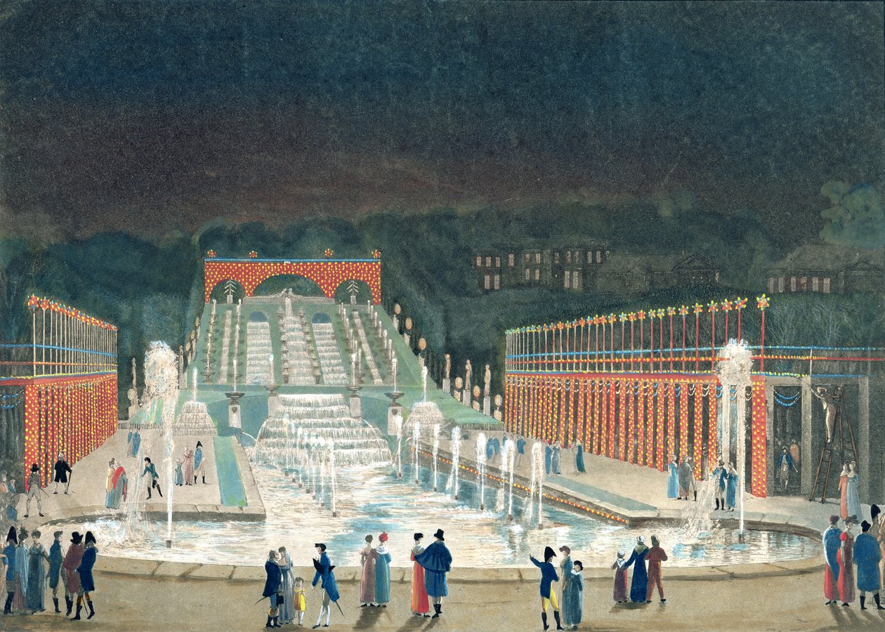Saint-Cloud Çeşmesi'nin aydınlatması, 1 Nisan 1810 (kağıt üzerine gravür ve aquatint) by Philibert Louis Debucourt