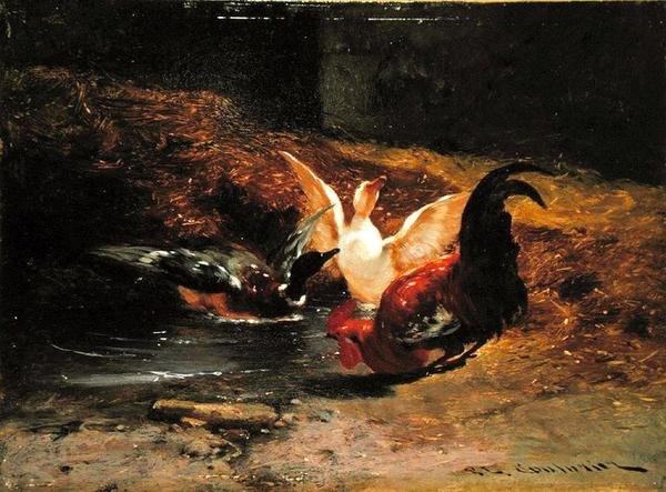 İki ördekli horoz (tuval üzerine yağlı boya) by Philibert Leon Couturier