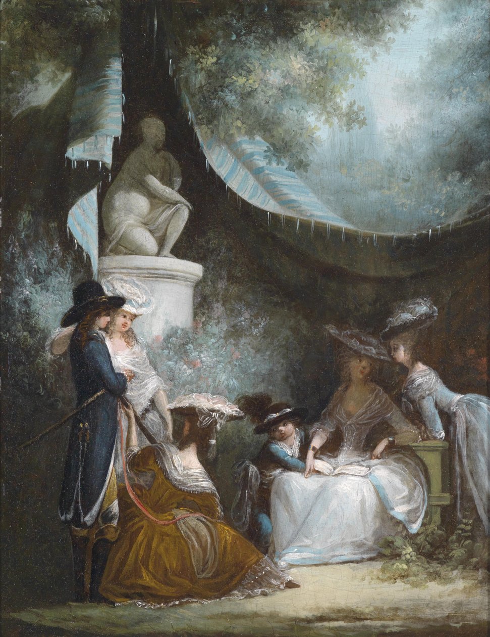 Erkek, çocuk ve kadın açık havada sahne ca giyinmiş. 1780